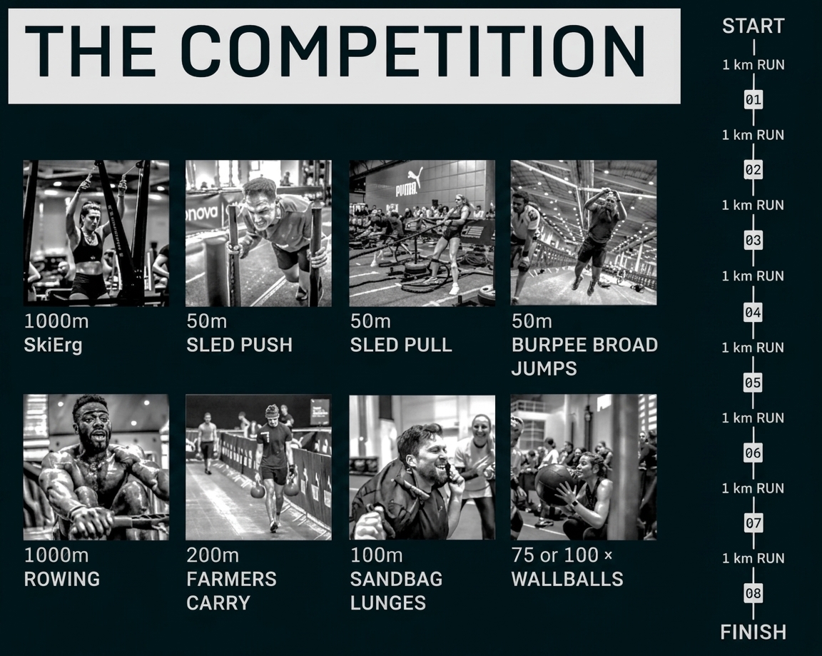 Poster "The Competition" mit Fotos verschiedener Fitnessübungen und einer 1 km Laufstrecke rechts